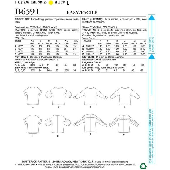Butterick B6591 Sewing Pattern Misses Loose-Fitting Pullover Tops 16-26 - Picture 2 of 8